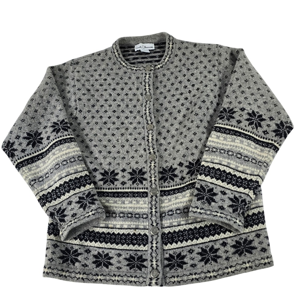 Croft & Barrow Womens Gray Fair Isle 100% Wool Button Front Cardigan Sweater M